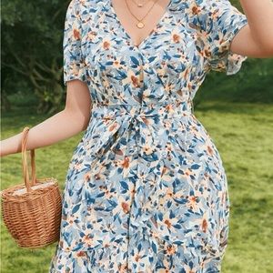 French plus floral butterfly sleeve belted dress